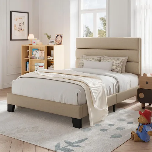 Vista 3 de Allewie Base de cama de plataforma de tamaño individual con cabecera tapizada de tela y soporte de listones de madera, base de colchón totalmente