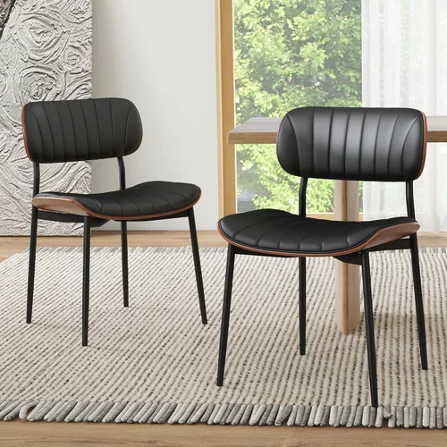 Vista 19 de HENGJIANYI Bentwood - Juego de 2 sillas de comedor modernas de piel sintética con patas de metal, sillas de cocina tapizadas de mediados de siglo