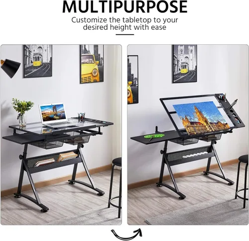 Vista 6 de Mesa de dibujo con taburete, mesa de dibujo multifuncional ajustable en Negro