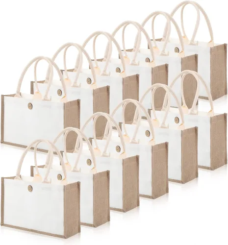 Vista 11 de 12 bolsas de yute de arpillera, bolsas de playa con asas, reutilizables, impermeables, bolsa de compras en blanco, bolsa de regalo de lona