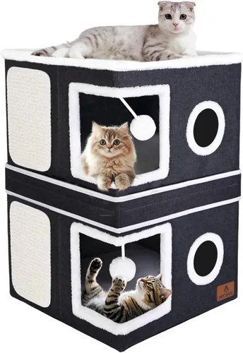 Vista 9 de Casa de Gato de 2 Pisos para Gatos de Interior, Cama de Cueva de Gato de Dos Propósitos con Almohadilla para Arañar y Bola Esponjosa, Escondite