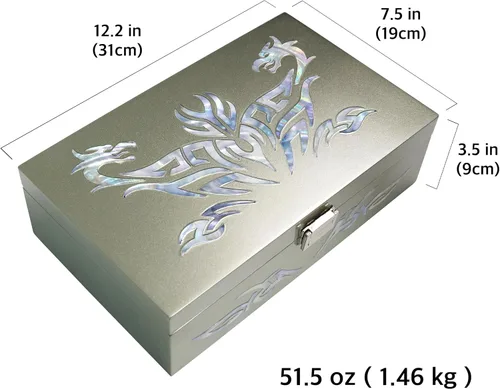 Vista 4 de MADDesign Mother of Pearl Caja de reloj, organizador de joyas, almacenamiento diario, diseño tribal de dragón (plata metálica)