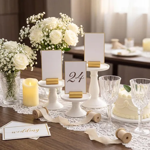Vista 8 de Ripeng 24 soportes dorados para números de mesa, soporte de madera para tarjetas de lugar, mini soporte de mesa para boda, Navidad, vacaciones