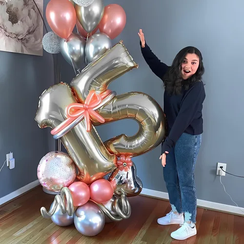 Vista 5 de Juego de Globos Dorados Número 15, Globos Dorados Número 15 para el 15º Cumpleaños, Globo de Oro de Lámina con Forma de Estrella y Corazón con Globo