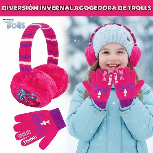 Vista 5 de DREAMWORKS TROLLS Conjunto de gorro de invierno y guantes para niñas, bufanda o orejeras, amapola para edades de 4 a 7 años