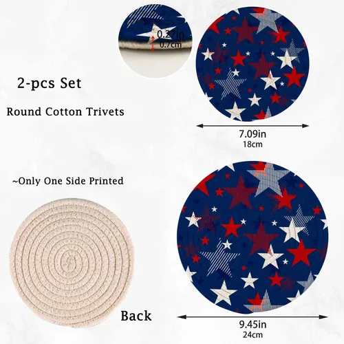 Vista 4 de Naanle Juego de 2 salvamanteles tejidos para ollas, 4 de julio, bandera de Estados Unidos, estrellas florales azules, manteles individuales redondos