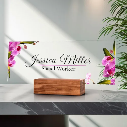Vista 21 de Placa de identificación personalizada para escritorio, decoración de oficina de acrílico transparente con diseño de flores, decoraciones