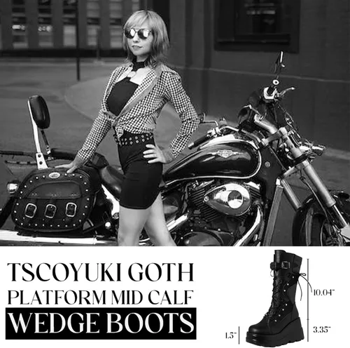 Vista 4 de Botas de plataforma para mujer, botas góticas de media pantorrilla Negro