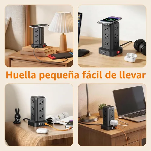 Vista 9 de SMALLRT - Cable de extensión con múltiples tomas, torre de regleta de alimentación con protector de sobretensiones, extensor de salida con 12