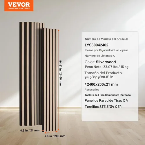 Vista 7 de VEVOR Panel Acústico de Listones de Madera, 7.9 x 94.5 pulgadas, Pared de Acento MDF de 4 Piezas, Tablero de Madera Falsa para Decoración