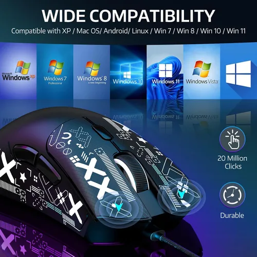 Vista 9 de ATTACK SHARK R1 Ratón inalámbrico para juegos, conexión tri-modo (2.4G/cable/BT5.2), 55g ligero, sensor óptico de 18K DPI, vida útil de teclas HUYU
