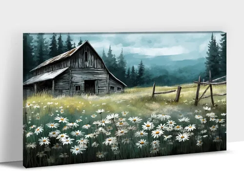 Vista 8 de Arte de pared con estampado de granero blanco de granja, granero y vaca, arte de pared con imágenes de granero blanco, cuadros rústicos de campo