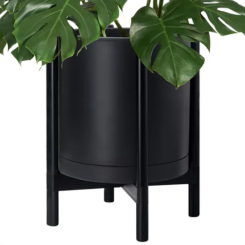 Vista 7 de Maceta de D'vine Dev con soporte - Maceta de flores de cilindro de plástico de 8.0 pulgadas con soporte de madera para interiores, maceta mate negra