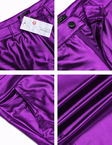 Vista 6 de COOFANDY Pantalones de mezclilla metálicos brillantes para hombre, para fiesta, baile, discoteca, discoteca, pantalones de pierna recta, Metálico