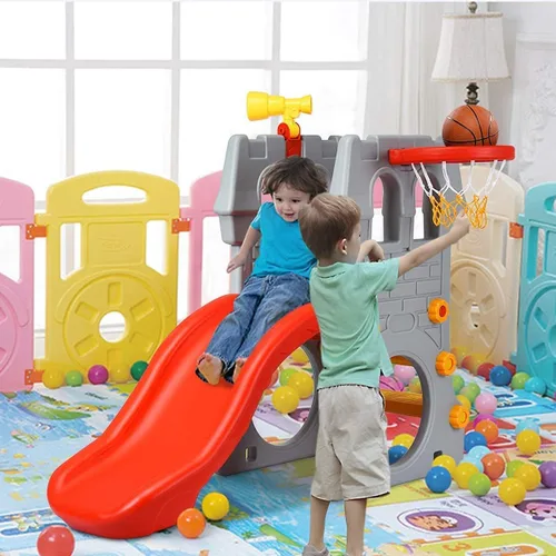 Vista 2 de OLAKIDS Tobogán 5 en 1 para niños pequeños, escalador de patio de juegos para interiores y exteriores con tobogán, aro de baloncesto, telescopio