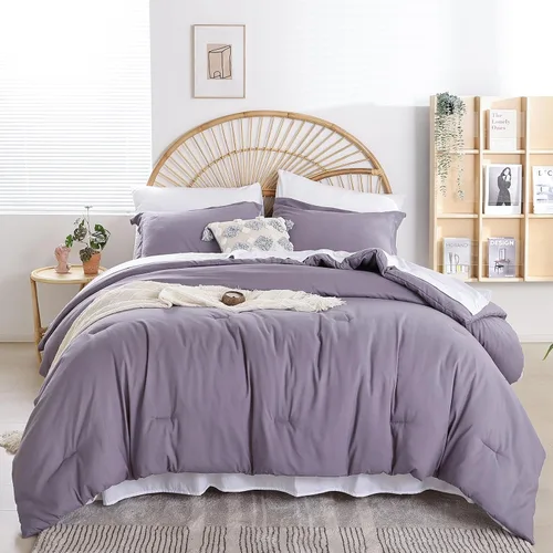 Vista 18 de weigelia Juego de edredón individual de 5 piezas beige en una bolsa, suave juego de ropa de cama Queen ligero para mujeres y hombres