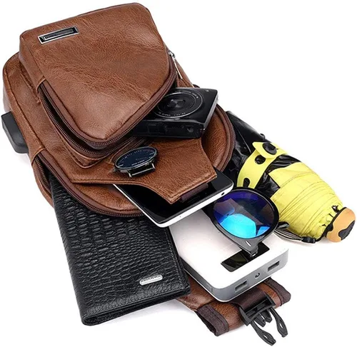 Vista 6 de Mochila estilo bandolera de piel para hombres y mujeres, bandolera de hombro, al pecho, mochila de uso diario para viajes, al aire libre