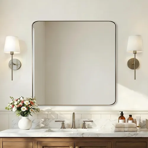 Vista 42 de ANDY STAR Espejo de pared cuadrado para baño, espejo de baño negro mate de 24 x 24 pulgadas, espejo de metal de esquina redondeada en marco de acero