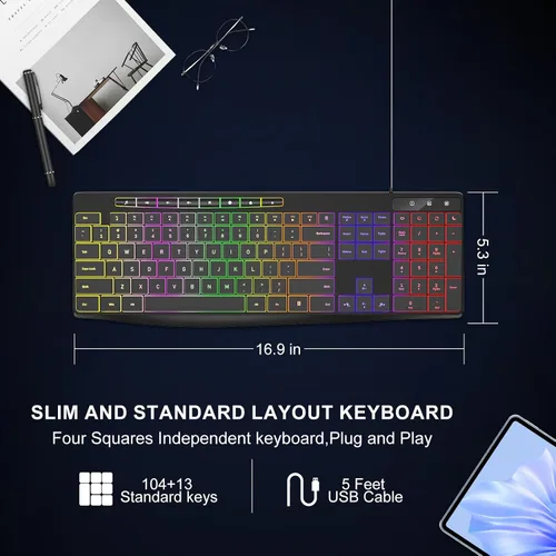 Vista 6 de Teclado de computadora con cable, retroiluminación LED arcoíris de 7 colores, teclado iluminado silencioso con teclas multimedia, teclas de chiclet