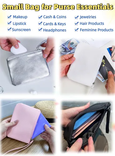 Vista 6 de Paquete de 2 pequeñas bolsas de maquillaje con cremallera para bolso, lápiz labial, organizador de maquillaje de viaje para mujeres, productos Negro