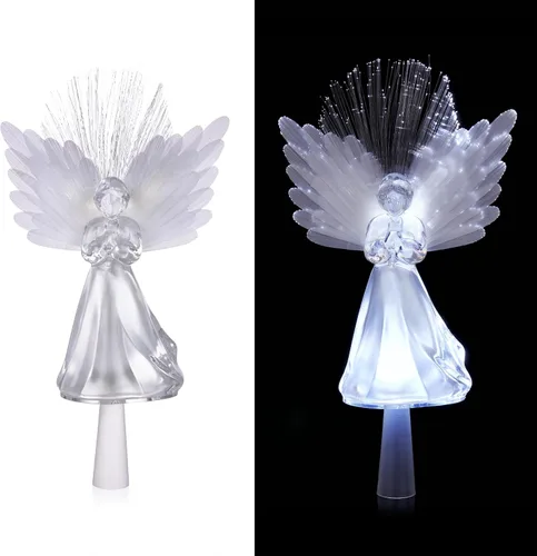 Vista 2 de Alpine Corporation Adorno para la Copa del Árbol de Ángel de 11 pulgadas de alto con alas de fibra óptica y luz LED, con función de temporizador