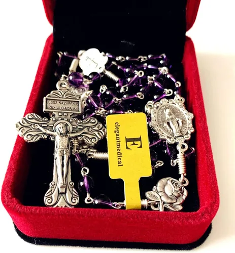Vista 6 de elegantmedical Collar de cruz de rosario hecho a mano con cuentas de amatista católica, nuestra Señora de Gracia, caja de regalo