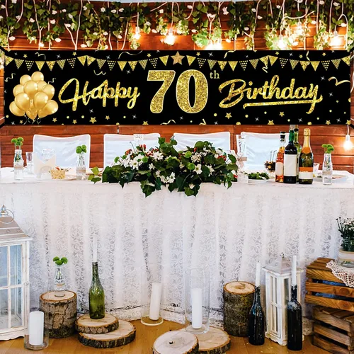 Vista 4 de Cartel de feliz cumpleaños 70 para mujeres y hombres, suministros de fiesta de cumpleaños de 70 años de color negro y dorado, divertido tema de 70