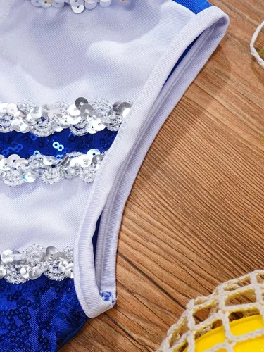 Vista 4 de CHICTRY Disfraz de Majorette sin mangas con lentejuelas brillantes para fiestas de espectáculo, disfraz de Majorette