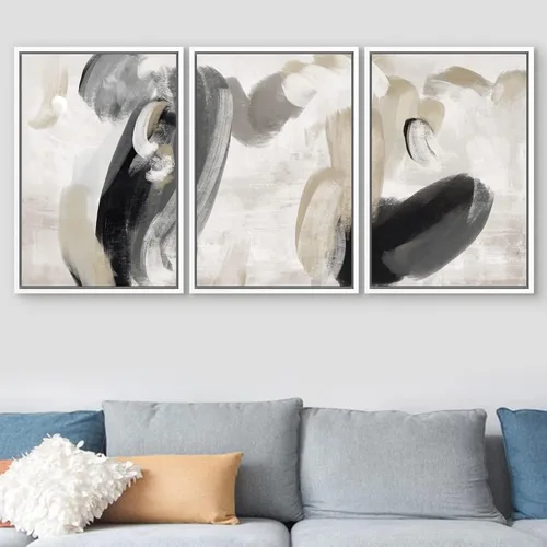 Vista 199 de SIGNFORD - Set de obras de arte en lienzo enmarcado para pared, ilustraciones abstractas de neblina del desierto en tonos neutros beige y marrón
