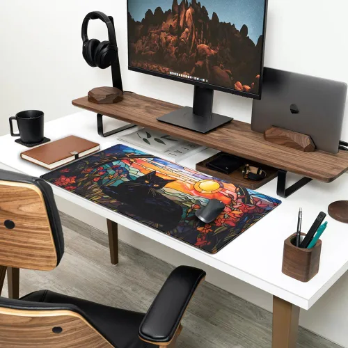 Vista 3 de Tapete de Escritorio de Gato Negro Atardecer Vintage, Alfombrilla de Ratón y Teclado de Escritorio, Alfombrilla de Ratón XXL Grande para Laptop