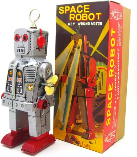 Vista 3 de Charmgle Retro Wind-Up Toy Walking Robot, ojos brillantes mecánicos, robots de hojalata hechos a mano, colección para adultos, decoración del hogar