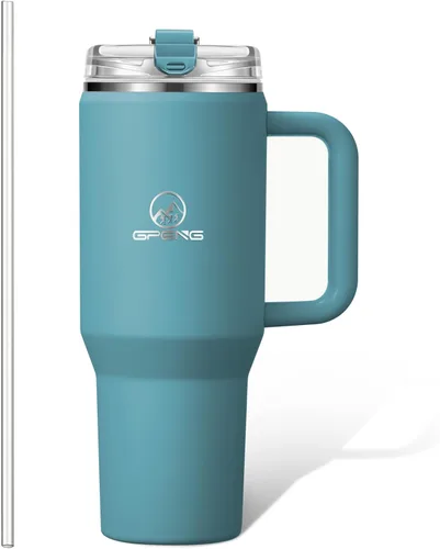 Vista 21 de Gpeng 30/40/50 oz Vaso con asa, botellas de agua con tapa de popote, taza de viaje de acero inoxidable aislada compatible con portavasos, mantiene
