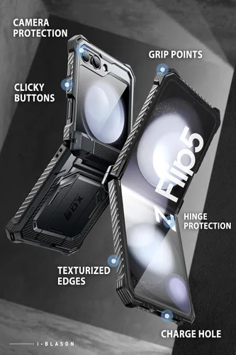 Vista 7 de i-Blason Funda magnética para Samsung Galaxy Z Flip 5 con soporte, protector de pantalla integrado, protección de bisagra, protección de cuerpo Negro