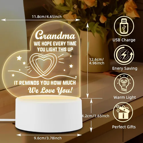 Vista 2 de Regalos Bestview para abuela - Delicados regalos de cumpleaños para abuela de nietos - Luz nocturna acrílica LED lámpara de noche para cama