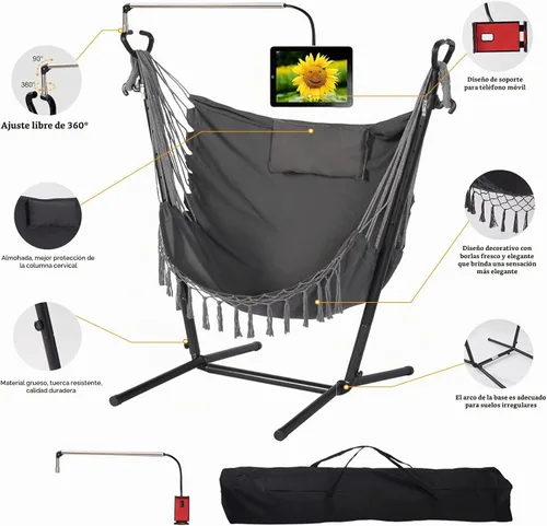 Vista 7 de Hamaca con soporte y soporte para teléfono incluido Silla colgante doble de macramé estilo boho hecha a mano, columpio ajustable para interiores
