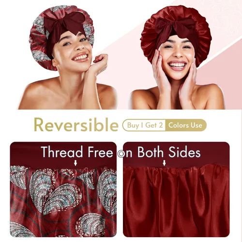 Vista 2 de BONNET QUEEN - Gorro de satén de seda para dormir de doble capa reversible para mujeres, gorro de cabello para dormir por la noche para cabello