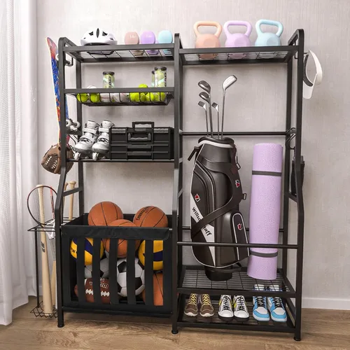 Vista 6 de Faesun Organizador de equipos deportivos de garaje, estante de almacenamiento para bolsas de golf, soporte de pelota resistente con cesta y ganchos