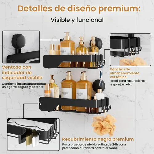 Vista 6 de LEVERLOC Shower Caddy - Ventosa de seguridad visual, estantes para ducha Negro