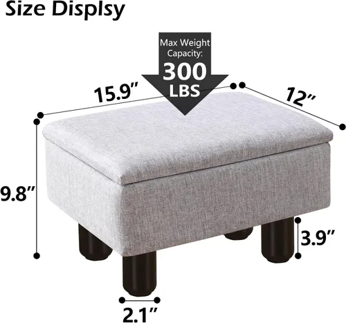 Vista 3 de Cpintltr Taburete de lino pequeño otomano rectangular para pies tapizado con patas de madera maciza, taburetes decorativos modernos, color gris