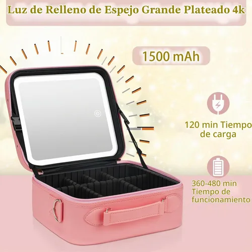 Vista 7 de Bolsa de Maquillaje de Viaje con Espejo Iluminado, Estuche de Maquillaje de Viaje con Divisores Ajustables, Estuche de Maquillaje Impermeable