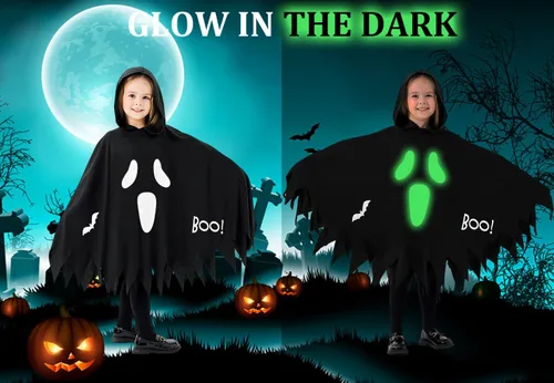 Vista 2 de QUJQOM Ghost Costume Kid Boo Bat Costume Toddler Halloween Costume Glow in Dark Hooded Cloak Spooky Trick or Treating Cosplay