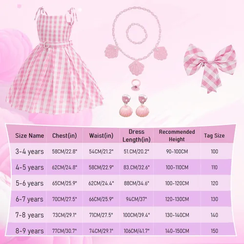 Vista 6 de Disfraz de Gingham rosa para niñas, disfraz de película, cosplay, fiesta de cumpleaños, trajes de Halloween con accesorios