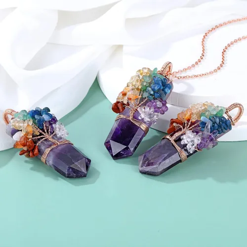 Vista 2 de Collar con colgante de árbol de la vida de 7 chakras naturales de cristal curativo de reiki, joyería para mujer para buena suerte, meditación