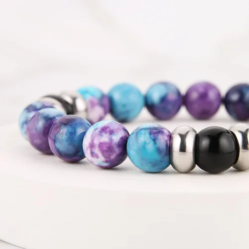 Vista 3 de HZMAN Beaded Bracelets for Men Women 10mm Natural Lava Rock Black Onyx Tiger Eye Stone Hematite Beads Bracelet Relief Anxiety Yoga Bracelet Elastic
