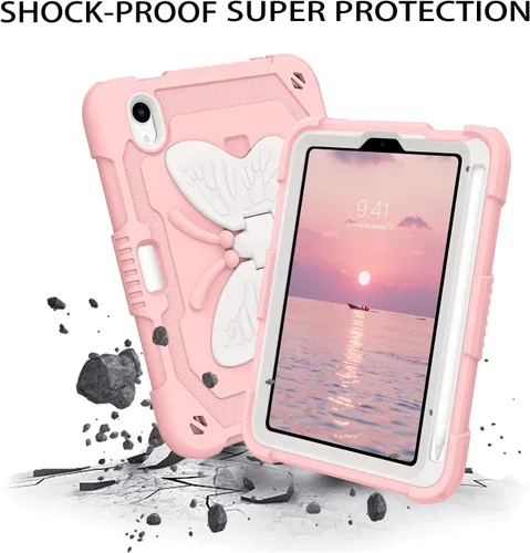 Vista 4 de DUEDUE Funda para iPad mini 7 (A17 Pro) 2024, iPad mini 6 2021, alas de mariposa con soporte para lápiz, funda protectora a prueba de golpes