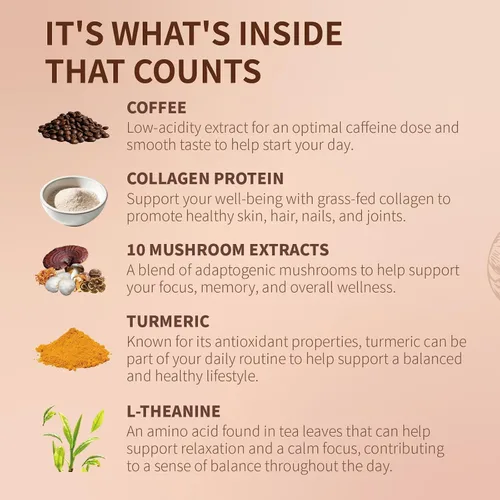 Vista 4 de Café de hongos (30 porciones) Café instantáneo de tostado medio, 10 hongos adaptogénicos con colágeno alimentado con hierba, chaga, cordyceps