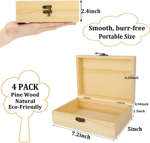 Vista 2 de Acrux7 Paquete de 4 cajas de madera sin terminar, caja de madera sin pintar de 7.2 pulgadas con tapa con bisagras, pequeñas cajas de almacenamiento