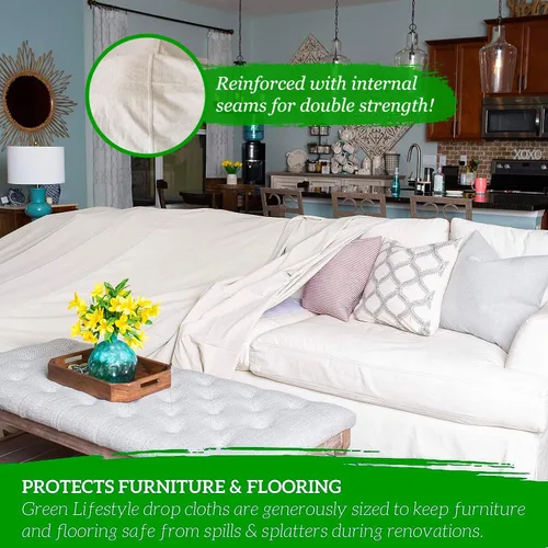 Vista 3 de GREEN LIFESTYLE Telas de caída de lienzo multiusos - Tela de caída para pintar, cubierta de piso, protección resistente para muebles y superficies