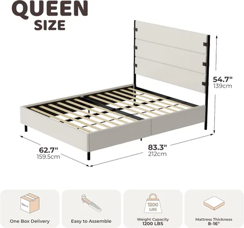 Vista 2 de RECCI Base de cama de plataforma tapizada Queen con cabecero alto con Crema Boucle
