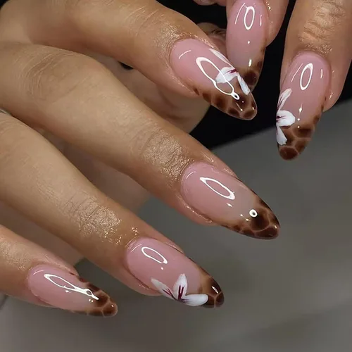Vista 32 de Uñas postizas cortas en forma de almendra SWEKKE con punta francesa, uñas falsas con diseños de flores 3D en amarillo y rosa, uñas adhesivas